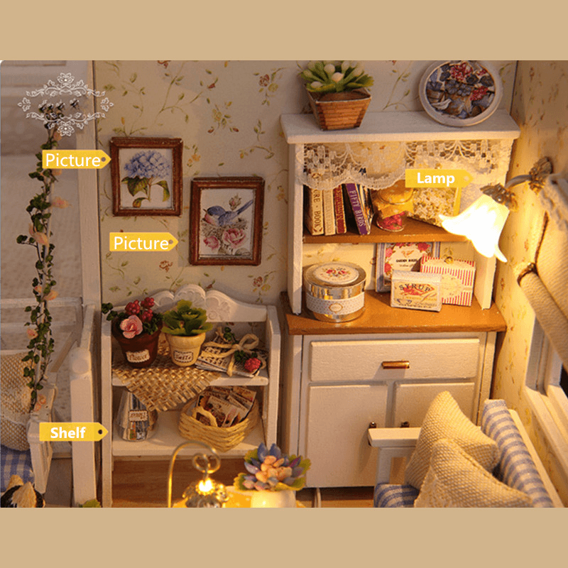 Cuteroom 1/24 Dollhouse Miniature DIY Kit with LED Light Cover Wood Toy Doll House Room Kitten Diary H-013