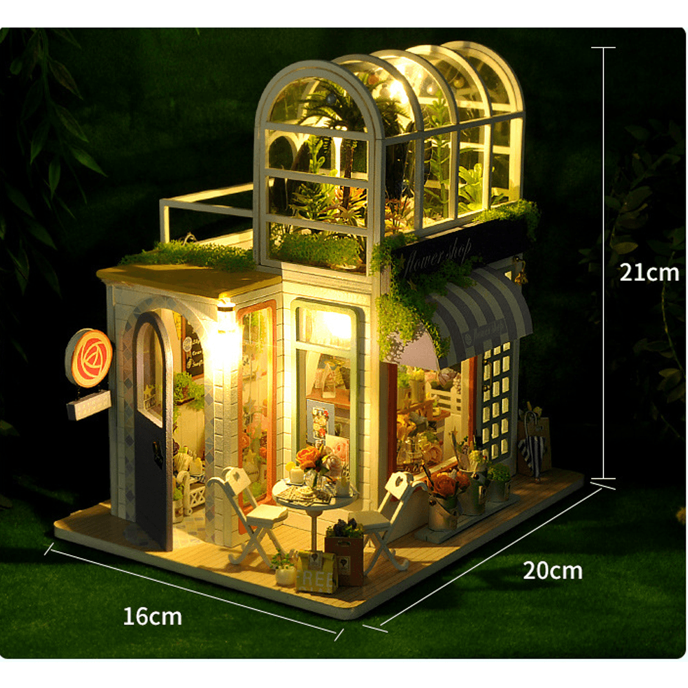 Flower Shop DIY Handmade Assemble Doll House Kit Miniature Furniture Kit with LED Lights for for Gift Collection House Decoration