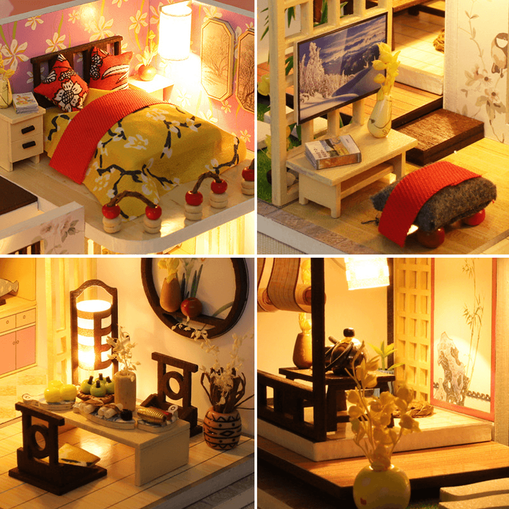 Wooden Japan Style Bamboo Maple House DIY Handmade Assembly Doll House Miniature Furniture Kit with LED Light Toy for Kids Birthday Gift Home Decoration