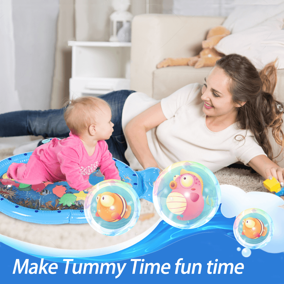 Blue Sprinkler Play Mat with Cartoon Submarine Pattern for Kids Filling Fun Water Cushion Baby Toys Summer Play