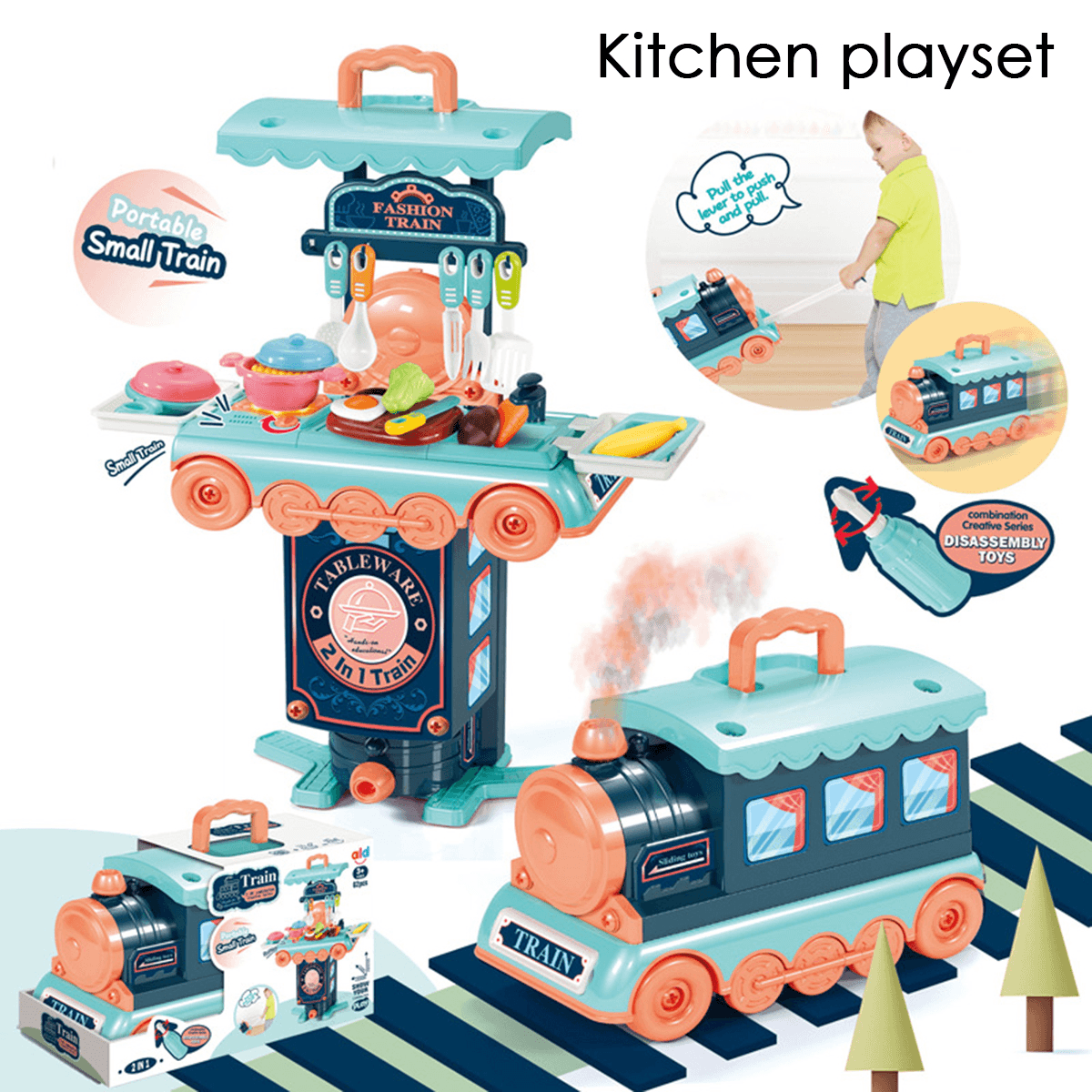 2 in 1 Multi-Style Kitchen Cooking Play and Portable Small Train Learning Set Toys for Kids Gift