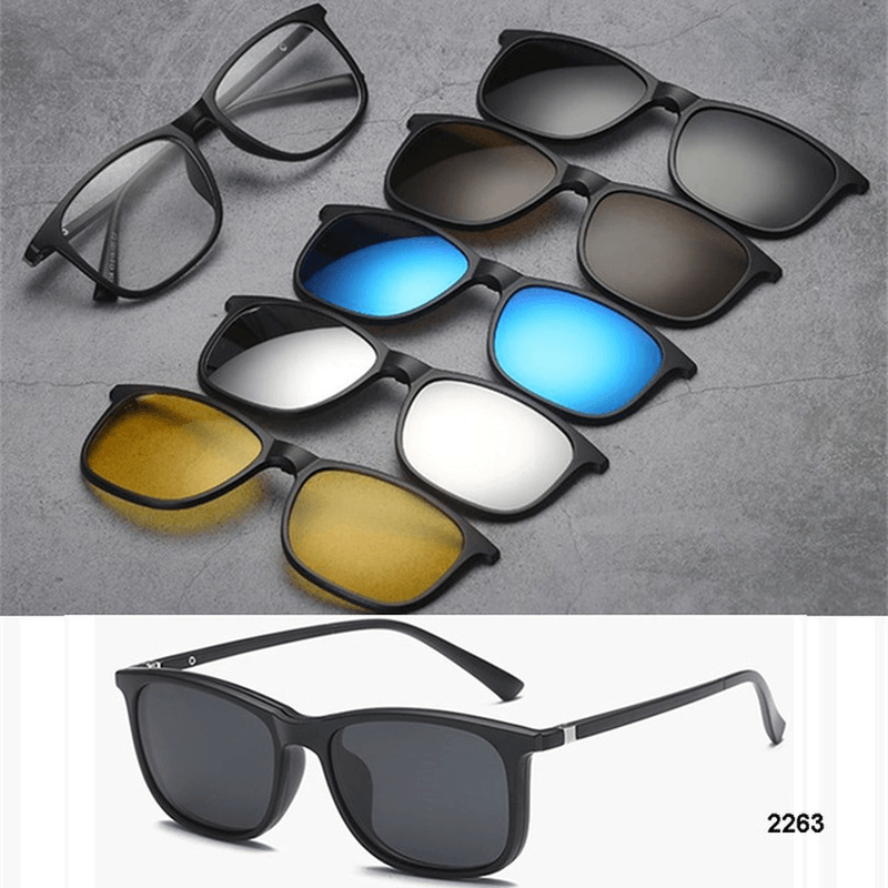 5 in 1 TR-90 Polarized Magnetic Glasses Clip on Magnetic Lens Sunglasses Uv-Proof Night Vision with Leather Bag