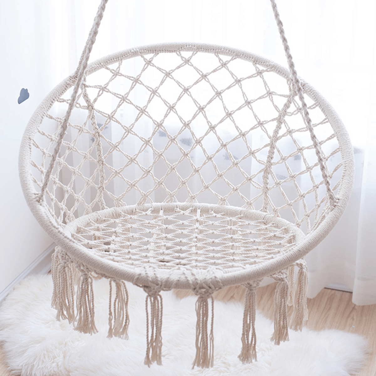 47.2Inch Portable Hanging Cotton Rope Macrame Swing Hammock Chairs Room Decoration Art 120Kg