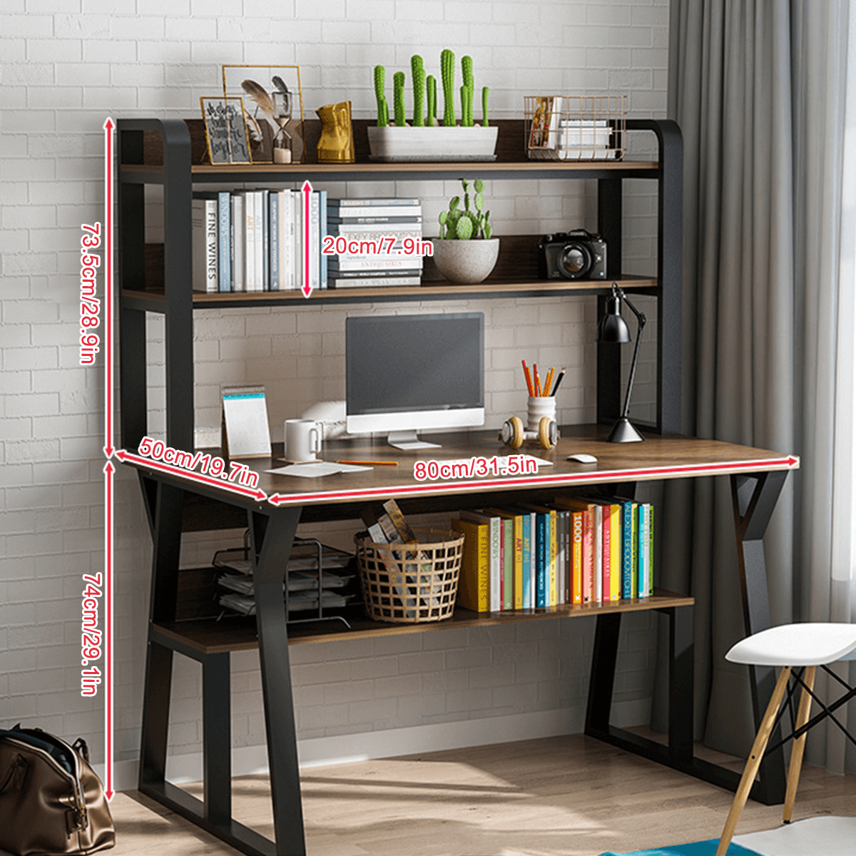 1/2 Tiers Computer Desk Bookshelf Modern Writing Study Desk with Storage Shelf Space Saving Desktop Organizer Workstation for Home Office