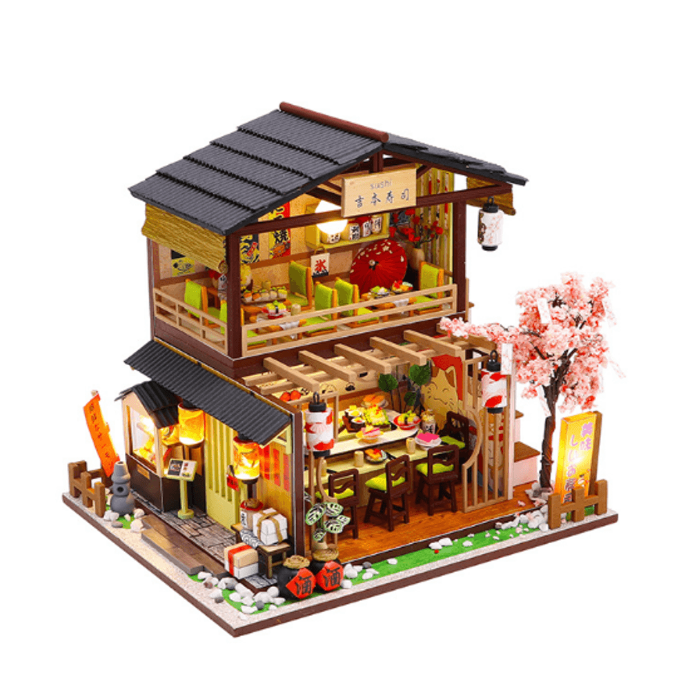 Homeda M2011 Sushi-Restaurant im japanischen Stil, DIY-Puppenhaus, Montagekabine, kreatives Spielzeug mit Staubschutz, Spielzeug für den Innenbereich