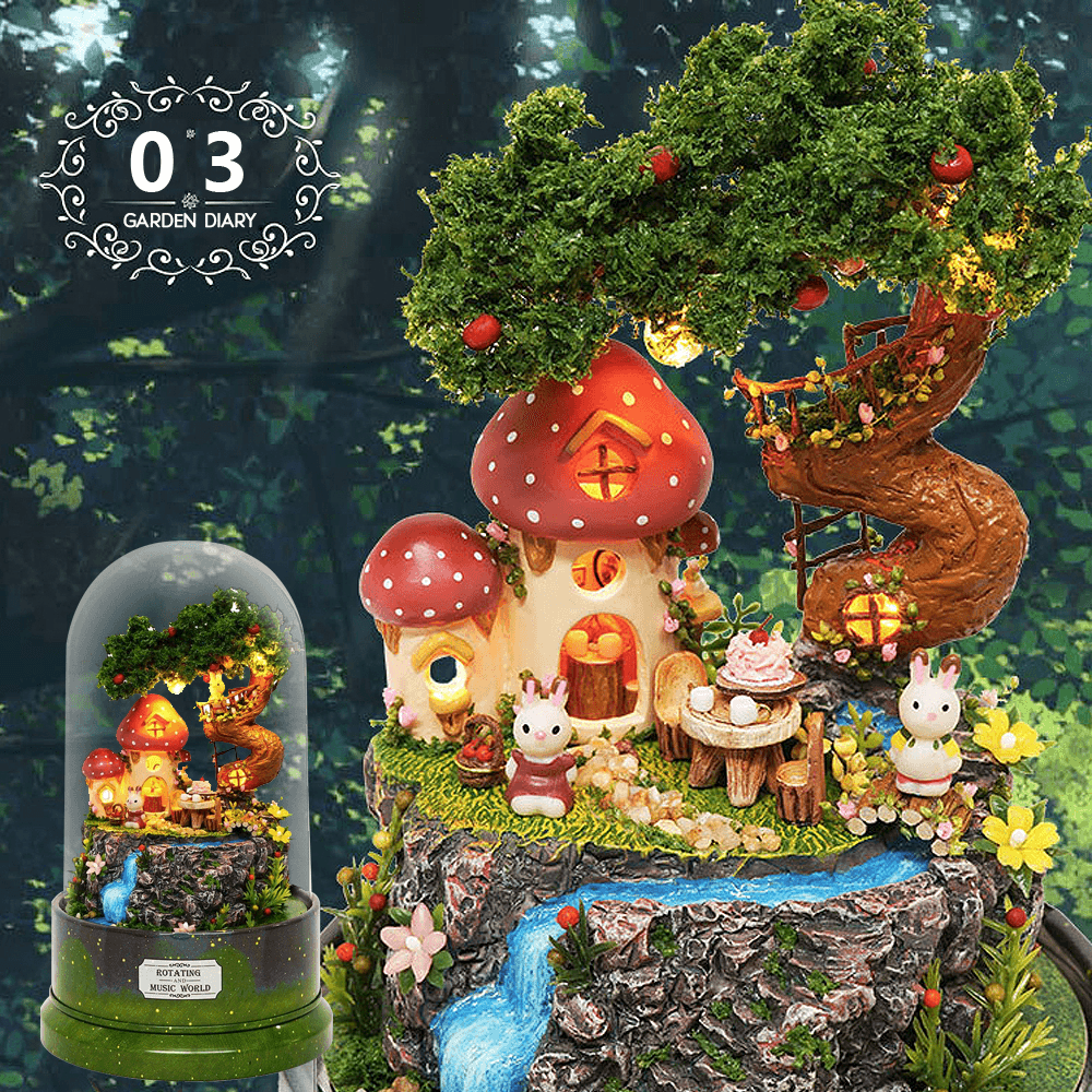 Beautiful Cabins DIY Doll House Miniature Rotating Music Kit with Transparent Cover Musical Core Gift(Meet at the Corner/Snowy Wonderland/Garden Diary/Dream of Sky/Forest Whim)