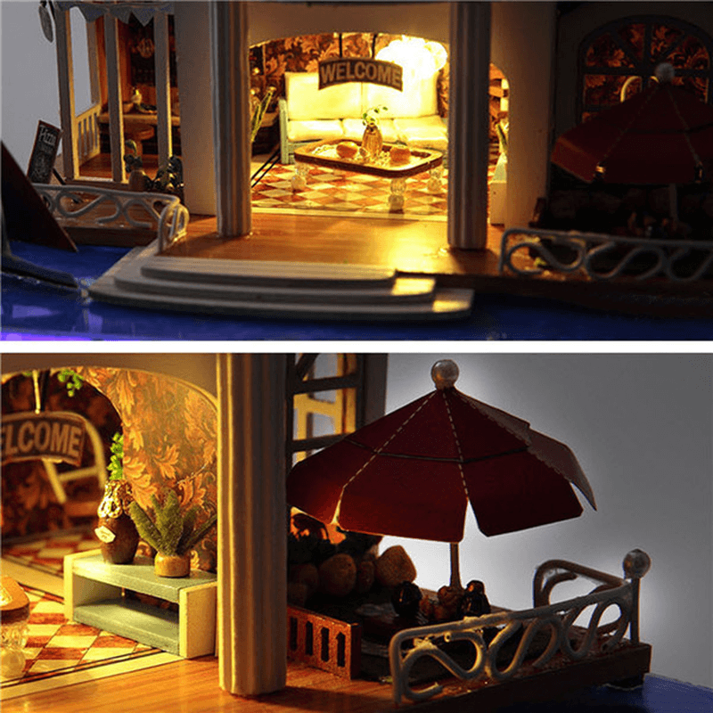 T-Yu Hawaii Villa DIY Dollhouse Miniature Model Doll House with Light Cover Extra Gift Decor Collection Toy