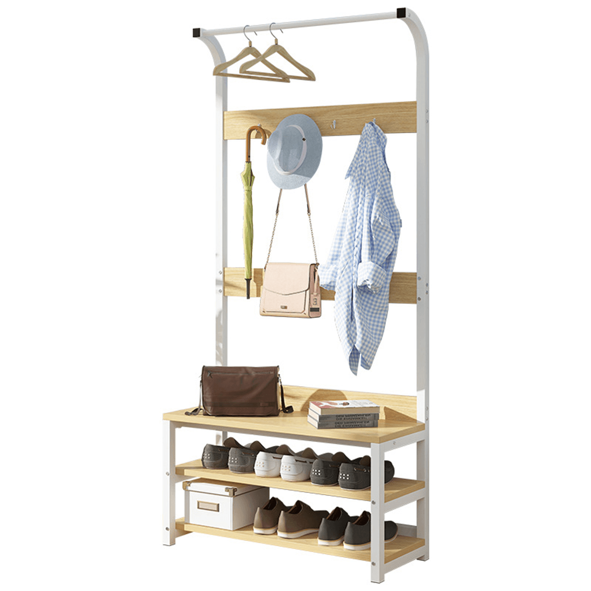 Coat Hangers Standing Coat Rack Solid Wood Iron Shoe Rack Entryway Coat Stand Clothes Rack Bedroom Living Room Clothes Hat Scarf Stand Multifunctional Storage Rack