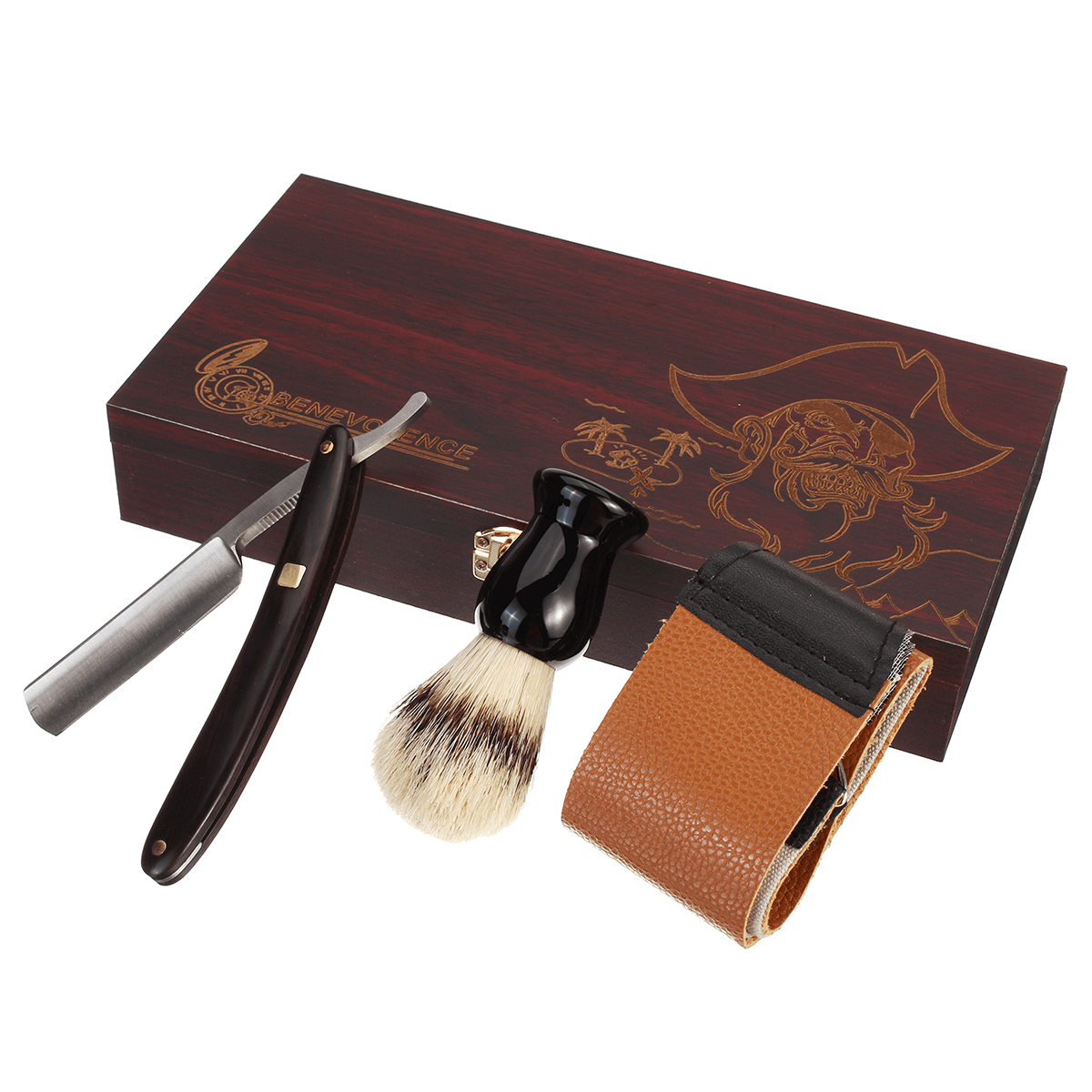 Barber Shaving Kit Set Straight Razor Shaving Brush Strop Wooden Box