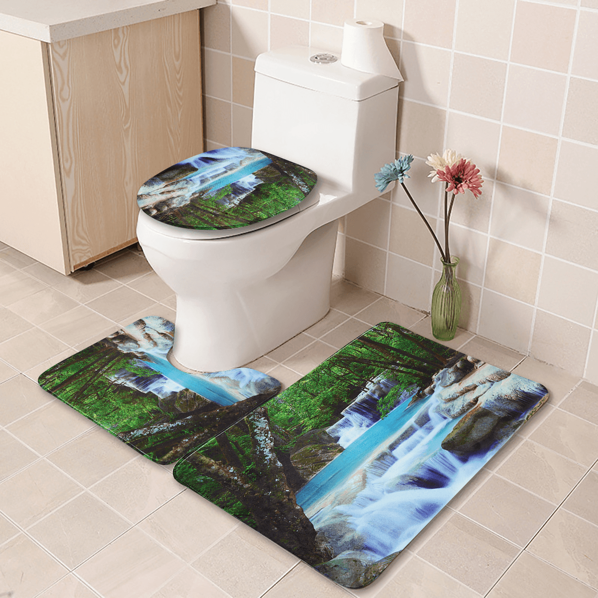 3D Bathroom Shower Curtain Waterfall Non-Slip Mat Set Lid Toilet Cover Rug Bath