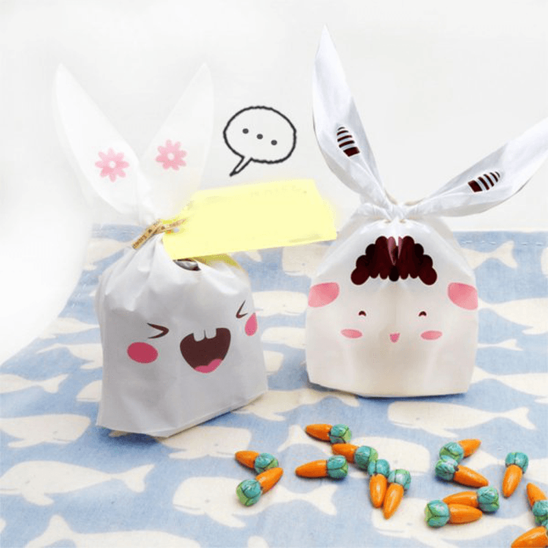 50Pcs Cute Easter Bunny Cookies Bag Wedding Decoration Kawaii Rabbit Ear Plastic Candy Bag