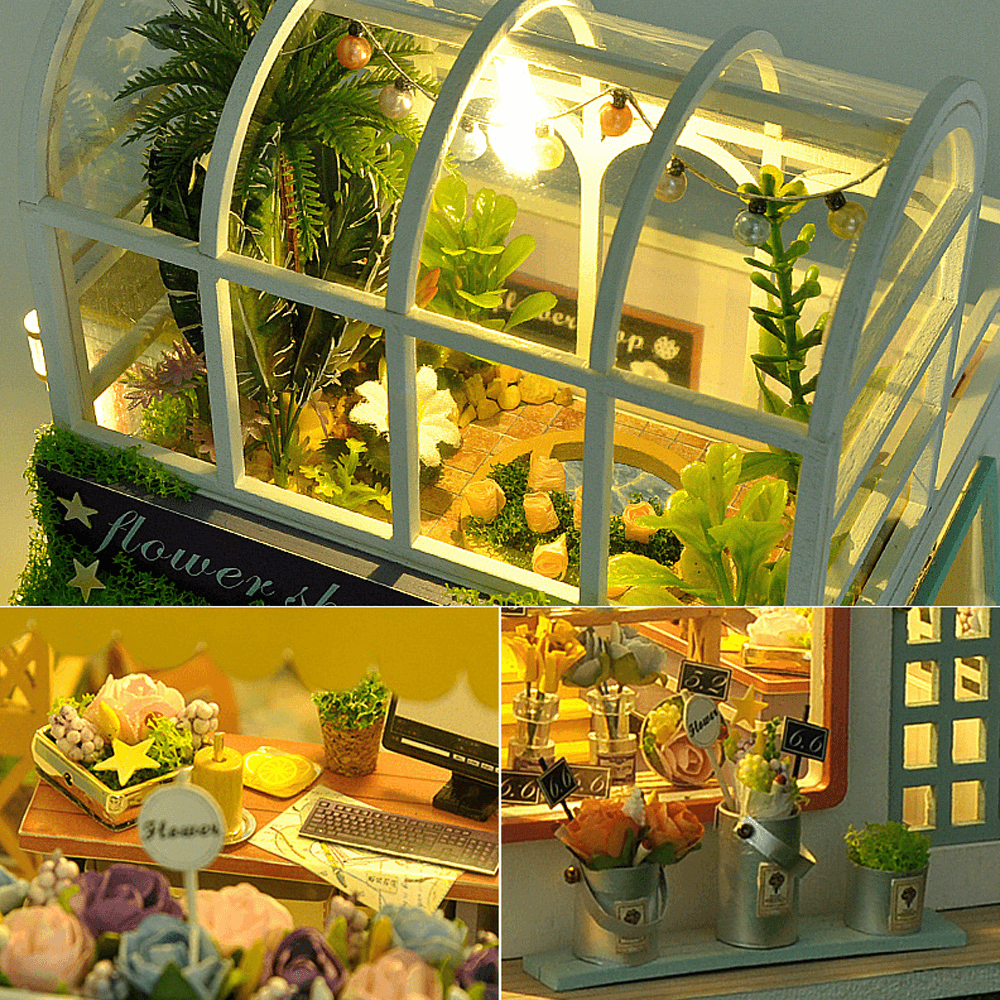 Flower Shop DIY Handmade Assemble Doll House Kit Miniature Furniture Kit with LED Lights for for Gift Collection House Decoration