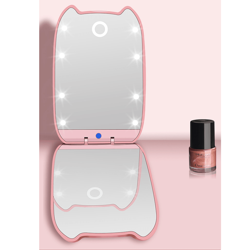 Women LED 180° Foldable Makeup Mirror Light Cosmetic Folding 2X Magnifying Mirror + Flat Mirror 8 LED Lights 2 Sided Lamps Hand Mirror Tools