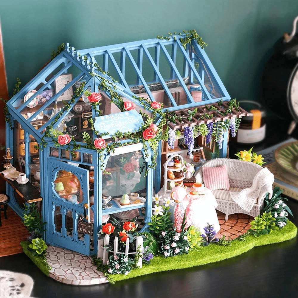 Cute Room Rose Garden Tea House DIY Handmade Assemble Doll House Kit Miniature Furniture Kit with Music & LED Effect Toy for Kids Birthday Xmas Gift House Decoration