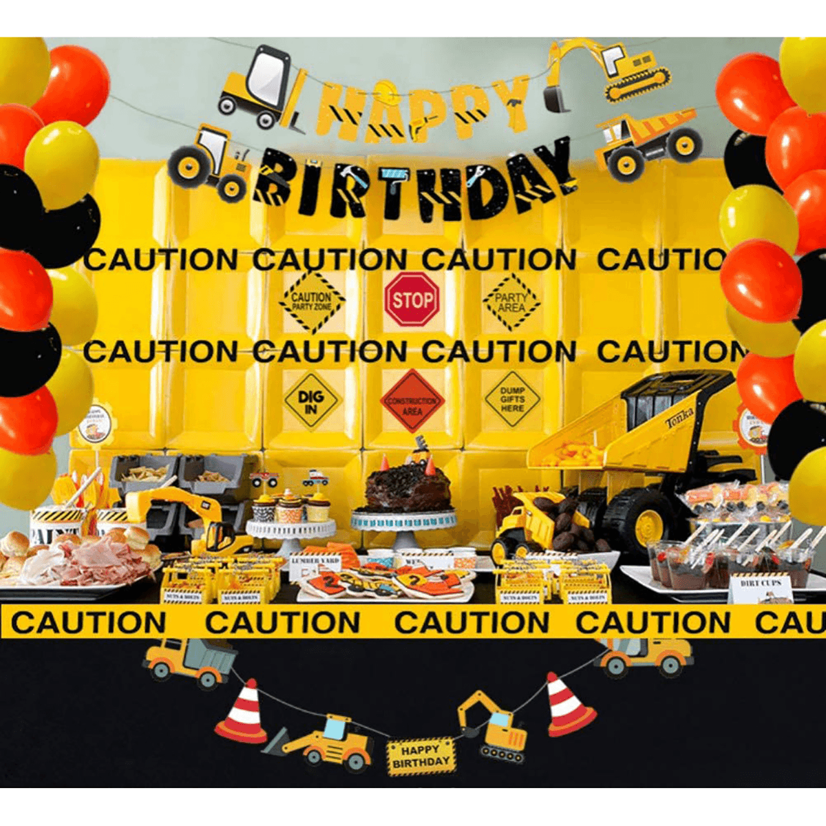 Construction Truck Birthday Flag Sign Cake Insert Aluminum Film Balloon Engineering Car for Party Decoration