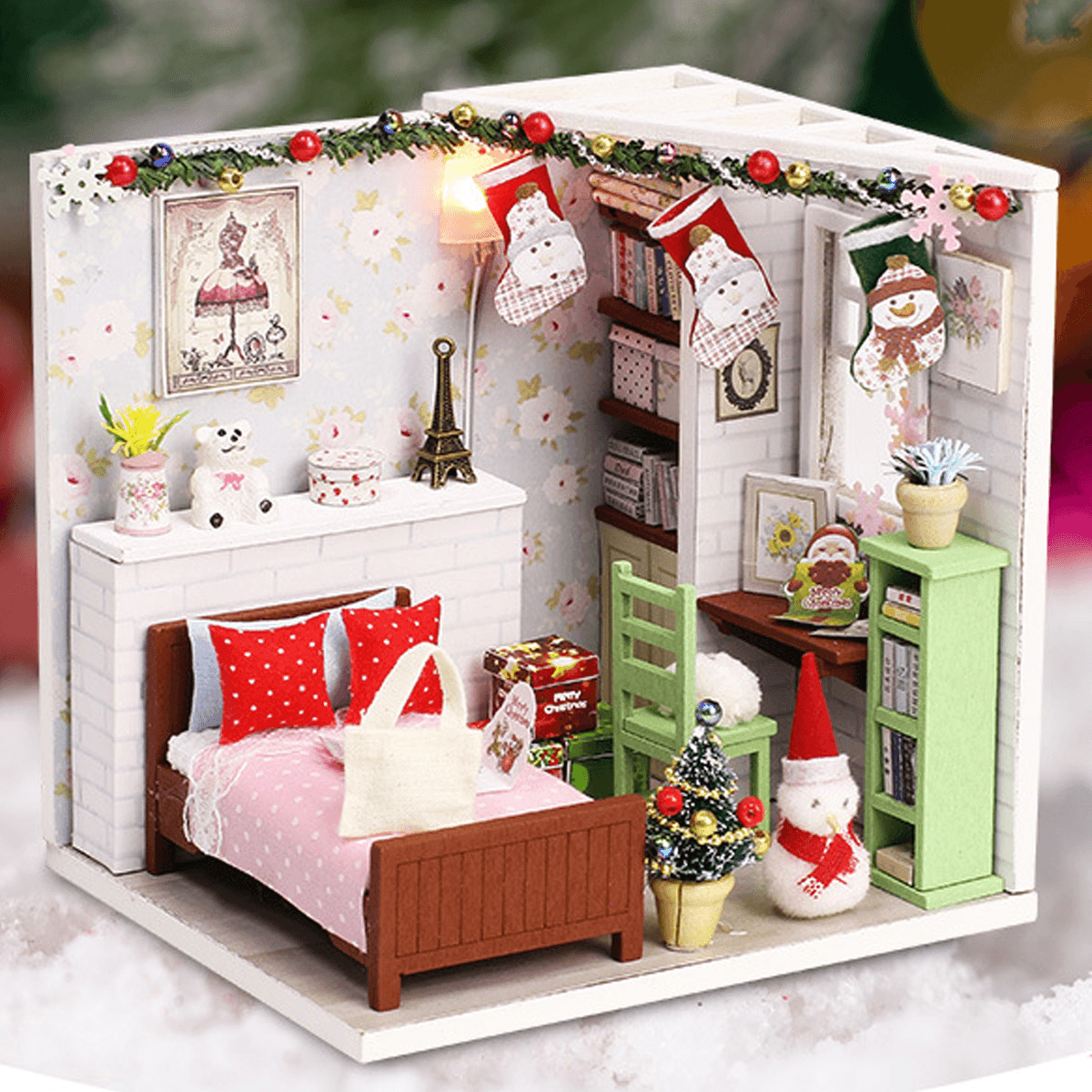 Wooden Bedroom DIY Handmade Assemble Doll House Miniature Furniture Kit Education Toy with LED Light for Collection Birthday Gift