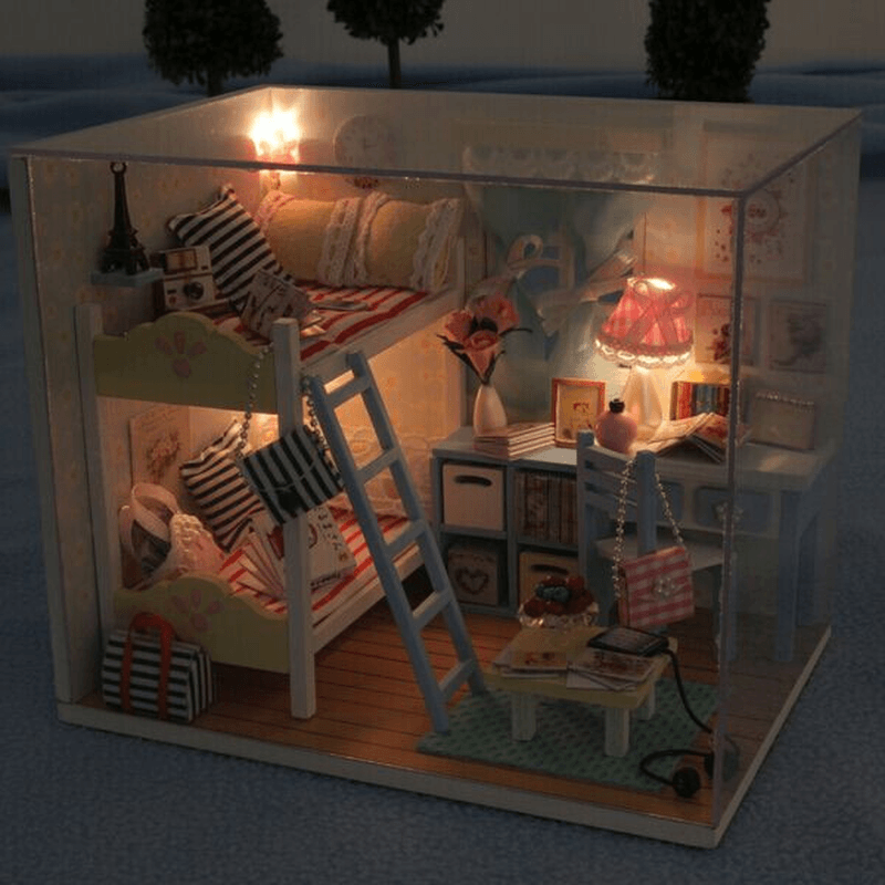 Hoomeda DIY Wood Children'S Memories with Led+Furniture+Cover Dollhouse