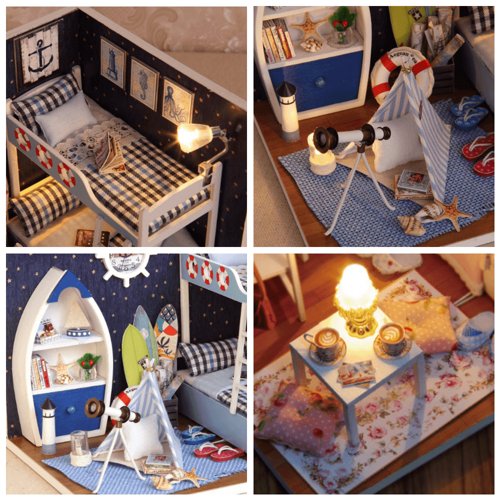 Creative Room DIY Handmade Assembly Doll House Miniature Furniture Kit with LED Light Dust Proof Cover Toy for Kids Birthday Gift Home Decoration Collection