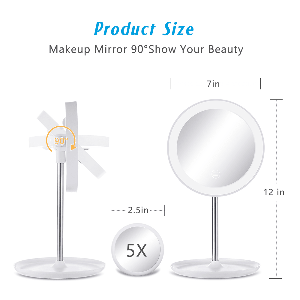 GLIME White Circular Mirrors Lamp 1200 Ma Battery with 5X Magnifier Touch Switch Three Color Temperature Adjustment Polarless Dimming Distribution USB Wire