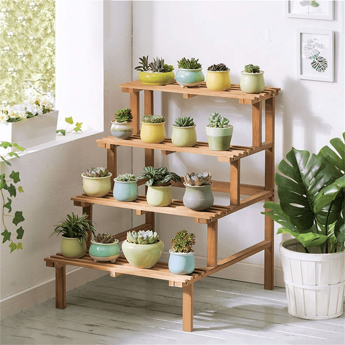 3/4 Tiers Wooden Corner Flower Shelf Indoor Outdoor Plant Stand Pot Rack Garden Office Home Decorations