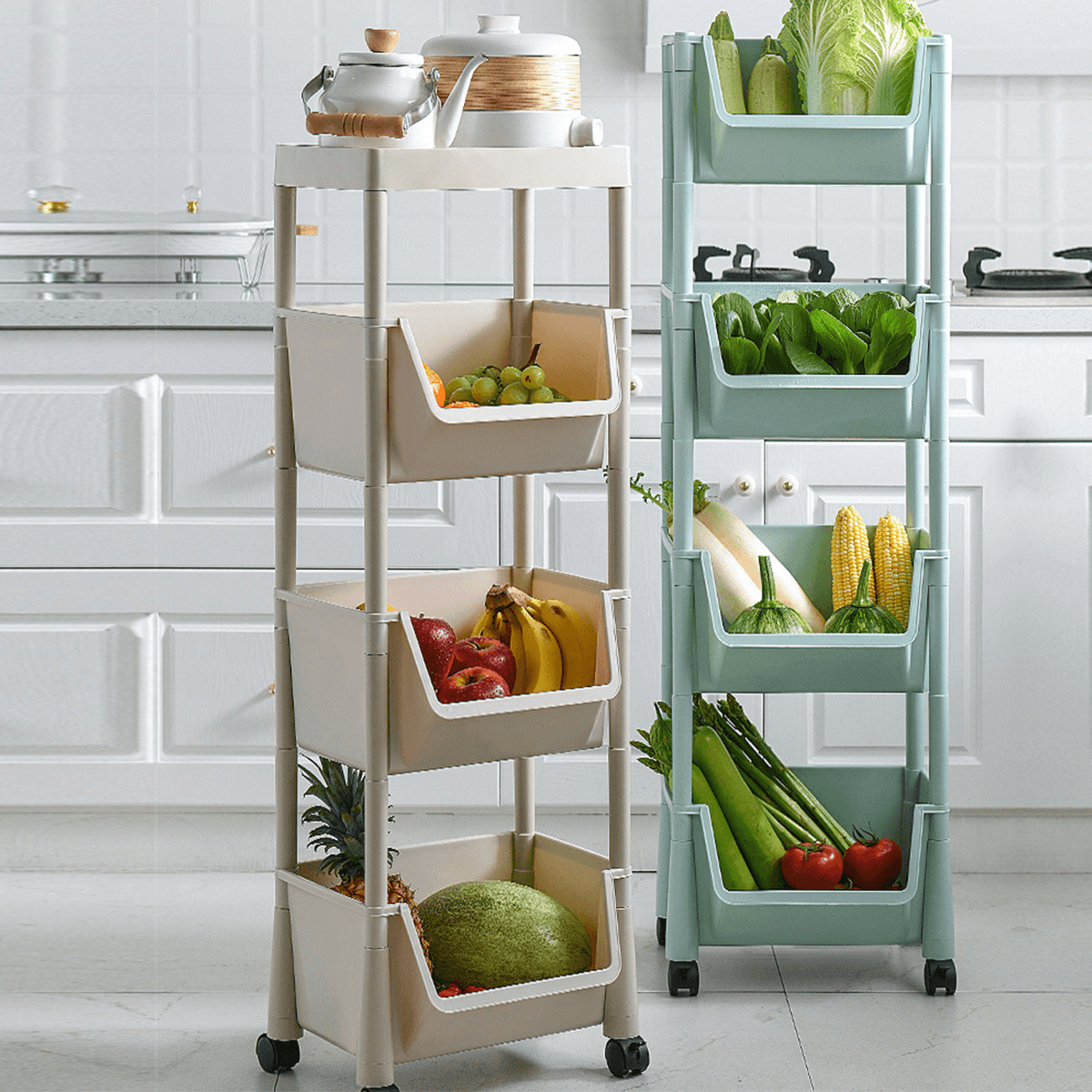 3 Layers Movable Kitchen Storage Rack with Wheels Vegetable Fruit Basket Kitchen Organizer Multi-Functional Storage Shelf