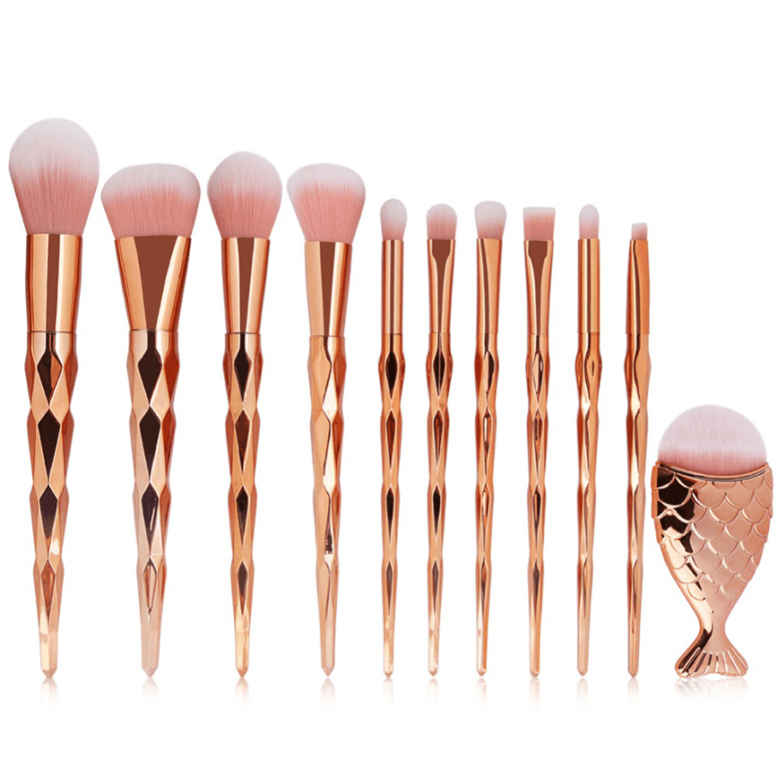 11PCS Mermaid Makeup Brushes Set Fishtail Shaped Foundation Powder Cosmetics Brushes Make up Tools