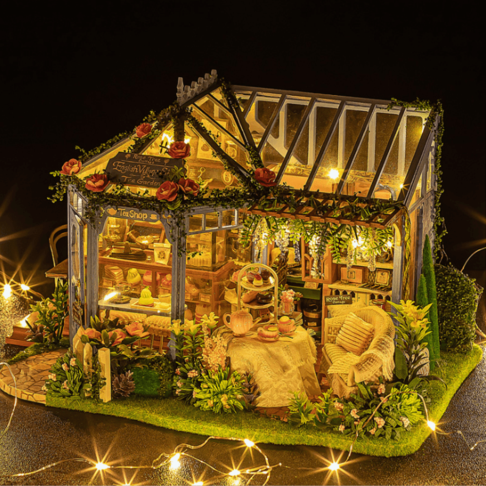 Cute Room Rose Garden Tea House DIY Kit de casa de muñecas hecho a mano Kit de muebles en miniatura con música y efecto LED Juguete para niños Cumpleaños Regalo de Navidad Decoración de la casa