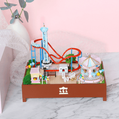 Hongda S2132Z Playground Carousel Roller Coasters 3D Hand-Assembled Doll House Miniature Furniture Kit with LED Lights Music Rotating Puzzle Toy for Gift Collection House Decoration