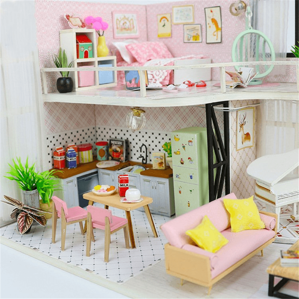 Hoomeda Handmake DIY Wood Dollhouse Miniature Doll House with Dust Cover