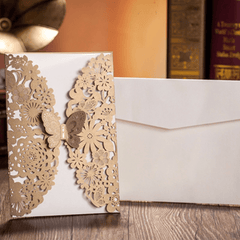 10 Stück goldene Papier-Hochzeitseinladungsumschläge, lasergeschnittene Hochzeitseinladungskarten, Geburtstagsfeier-Karte