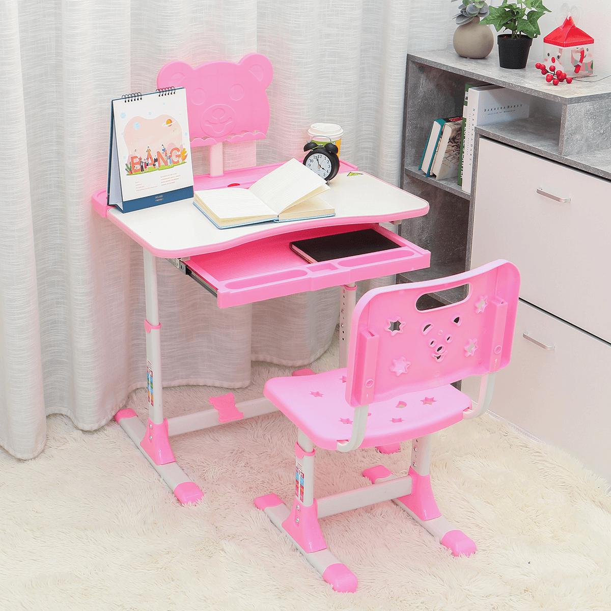 Height Adjustable Student Desk Kids Pull Out Drawer Study Desk and Chairs Set Home Holder Shelf Multifunctional Tables