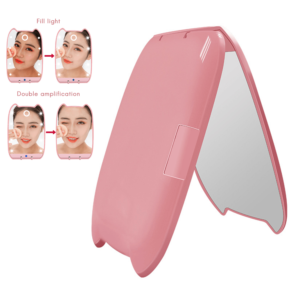 Women LED 180° Foldable Makeup Mirror Light Cosmetic Folding 2X Magnifying Mirror + Flat Mirror 8 LED Lights 2 Sided Lamps Hand Mirror Tools