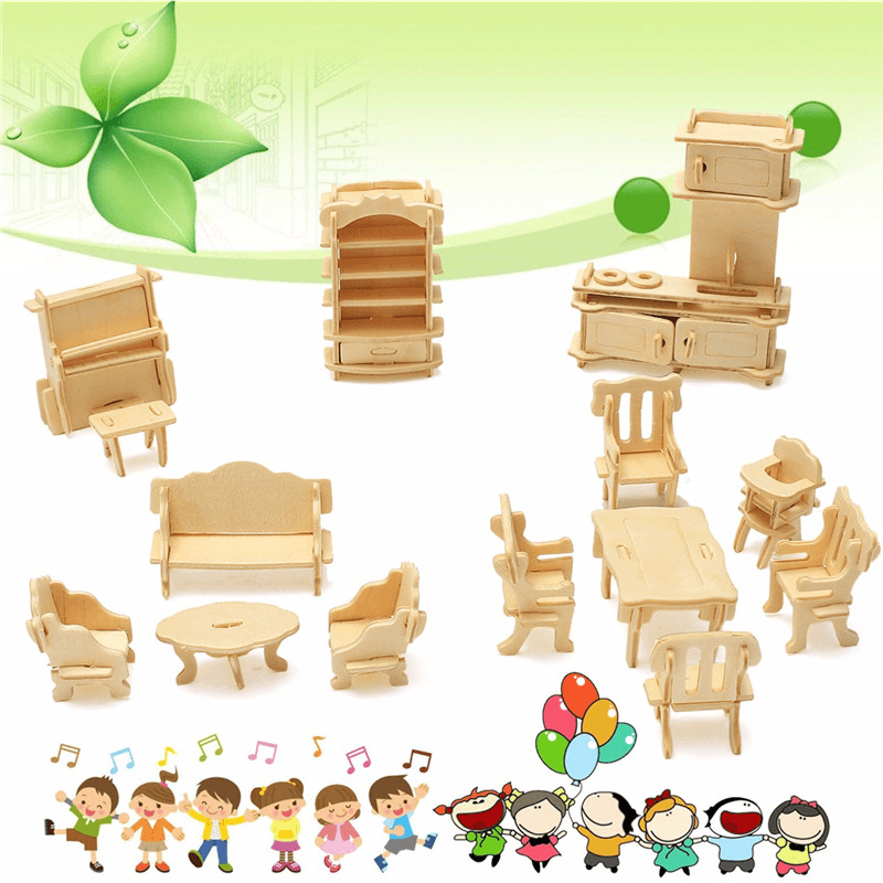 34 Pcs 3D DIY Wooden Miniature Dollhouse Furniture Model Unpainted Suite Toys