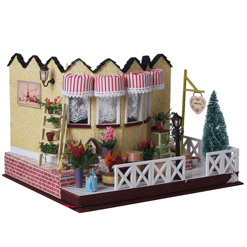 Hoomeda LY001 Herb Tea Vanilla Milk Tea House DIY Dollhouse with Music Light Cover Miniature Model