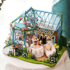 Cuteroom A068 DIY Cabin Rose Garden Tea House Handmade Doll House Model with Dust Cover Music Motor