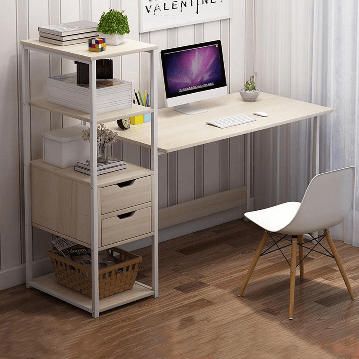 Computer Laptop Desk 47 Inch Writing Study Table Bookshelf Desktop Multifunction Desktop Workstation with Storage Racks & 2 Drawers Home Office Furniture