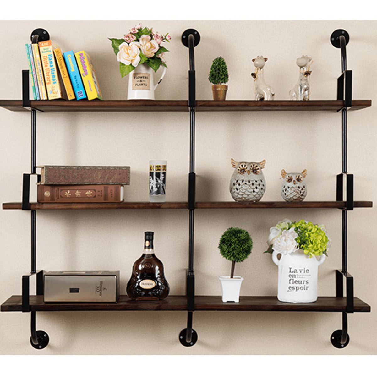 2Pcs Wall Mounted Shelf Industrial Retro Bookshelf DIY Storage Shelves Bracket 3 Layers Iron Pipe Shelf for Home Decor Kitchen Kids Rooms