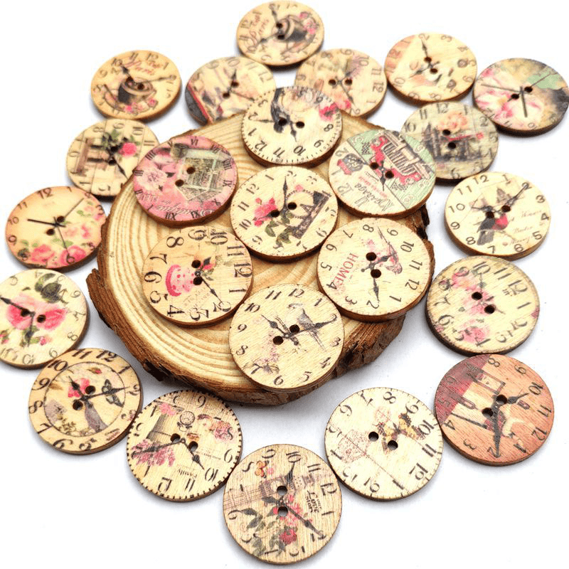 50PCS 25MM 2 Löcher dekorative Uhr Muster Log bemalt runde Form Verschlüsse Knöpfe