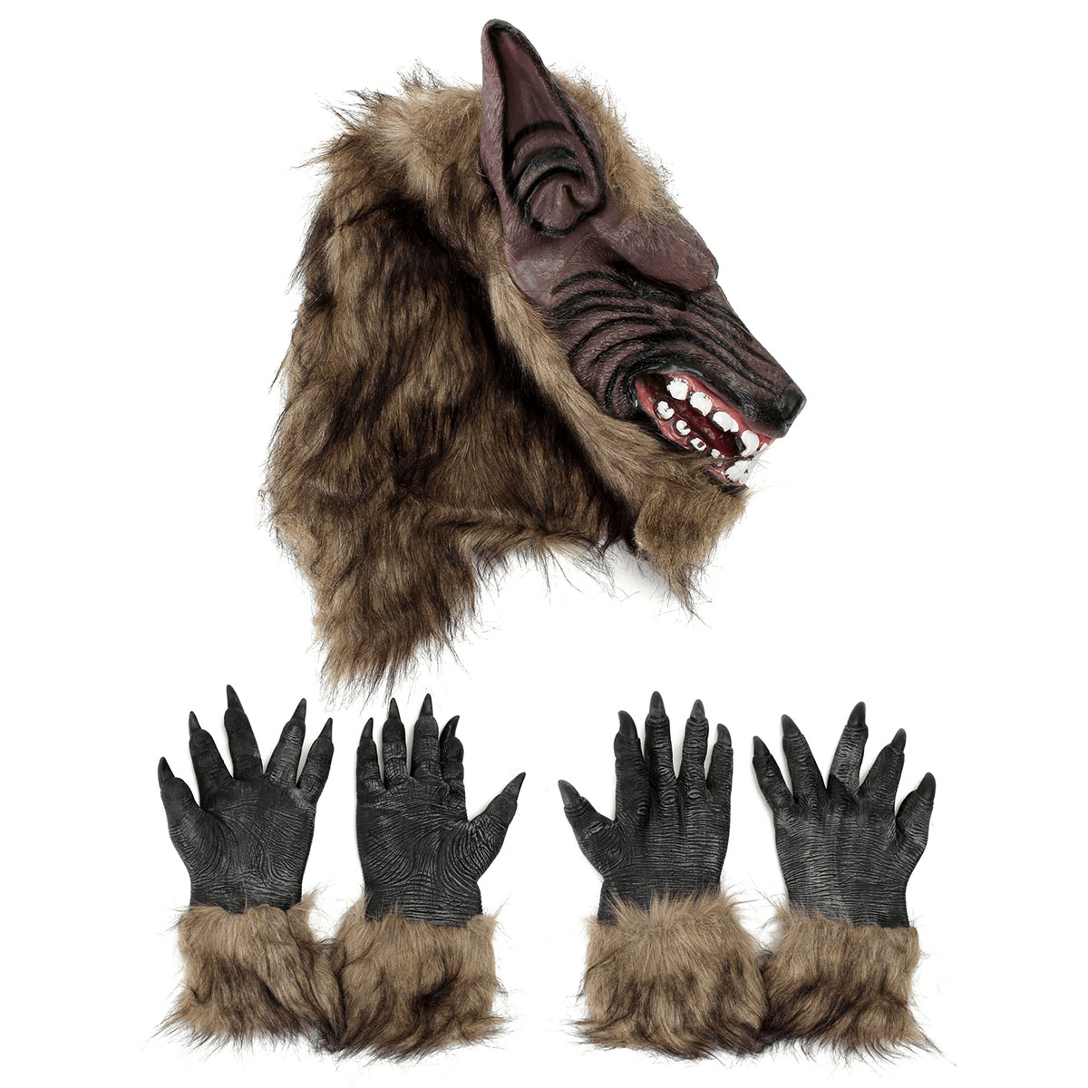 1/2PC Latex Rubber Wolf Head Hair Mask Werewolf Gloves Party Scary Halloween Cosplay