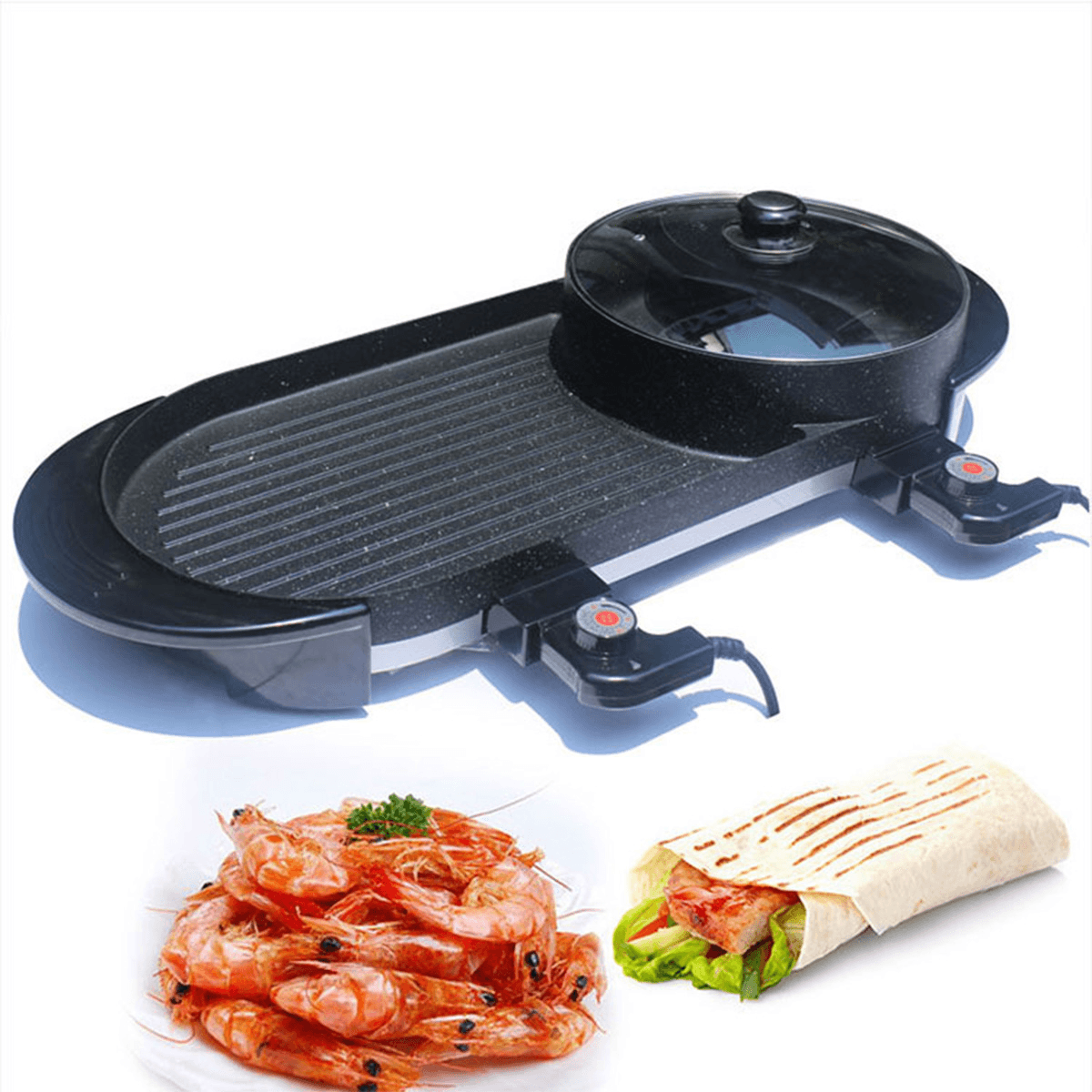 2 in 1 Multifunction Electric Grill Non-Stick Non-Smoke Hot Pot Barbecue 1800W