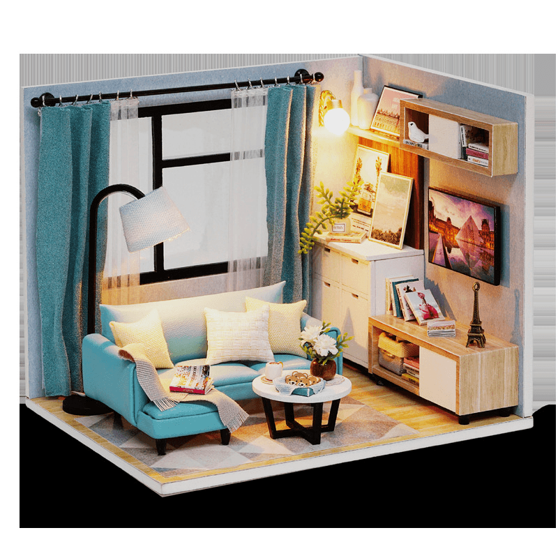 Cuteroom H-017 H-018Happiness Time Living Room Corner DIY Doll House with Furniture Music Light Cover Miniature Model Gift Decor