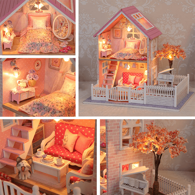 Cuteroom 1/24 DIY Wooden Dollhouse Pink Cherry Handmade Decorations Model with LED Light&Music Birthday