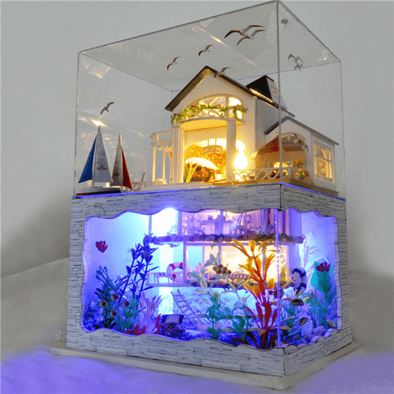 T-Yu Hawaii Villa DIY Dollhouse Miniature Model Doll House with Light Cover Extra Gift Decor Collection Toy