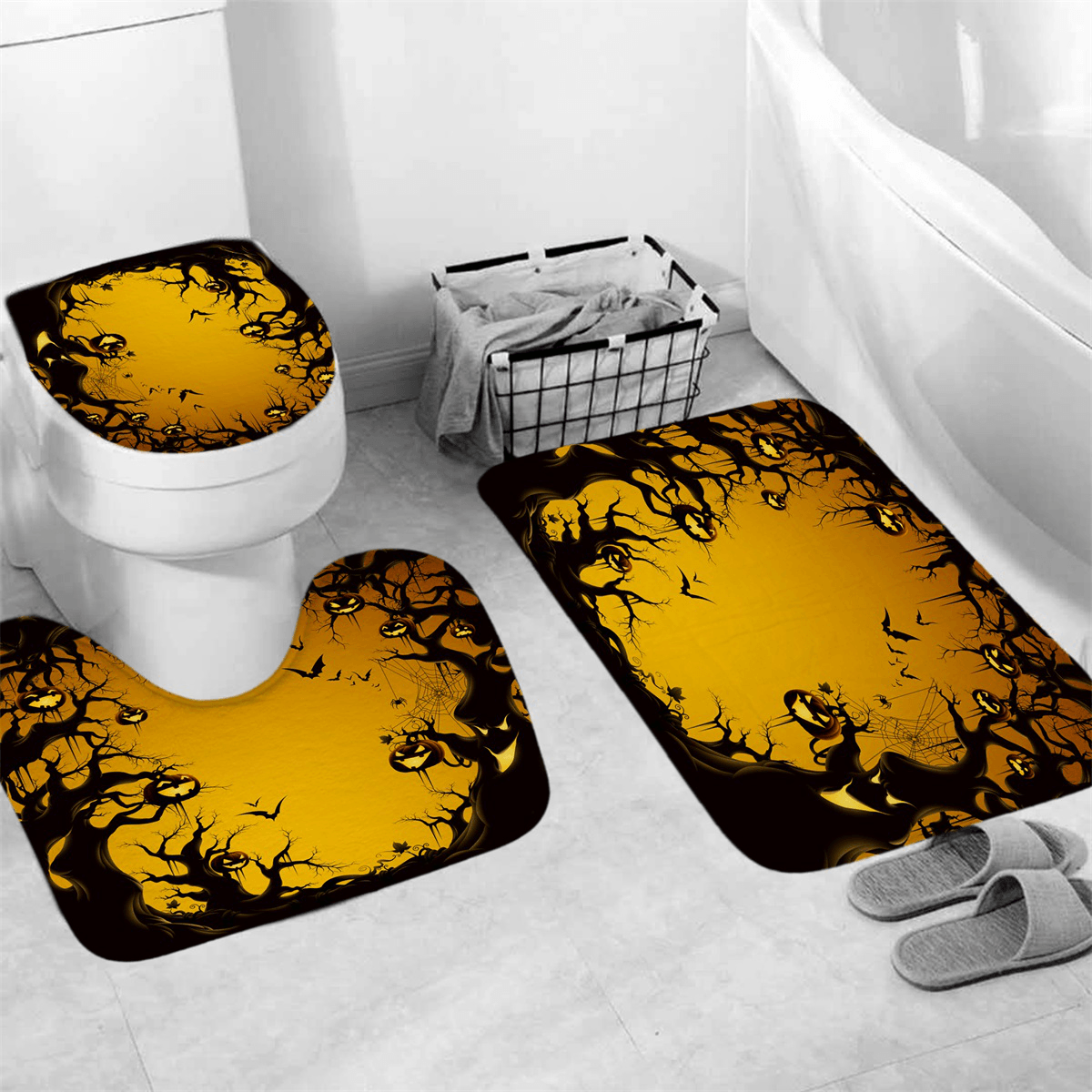 Halloween-Serie, dekoratives Spielzeug, Badezimmer-Toilettenbezug + rutschfester WC-Vorleger + Badematte / wasserdichter Duschvorhang im Halloween-Stil