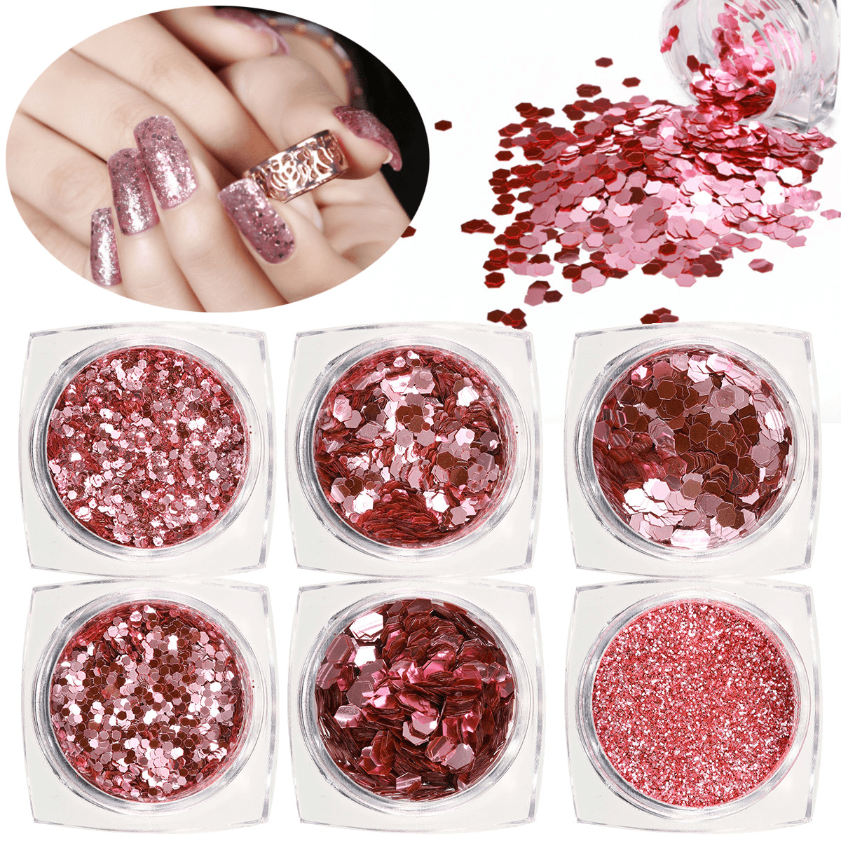 6 Bottles of Pink Superfine Glitter Small Sequin Nail Glitter Set