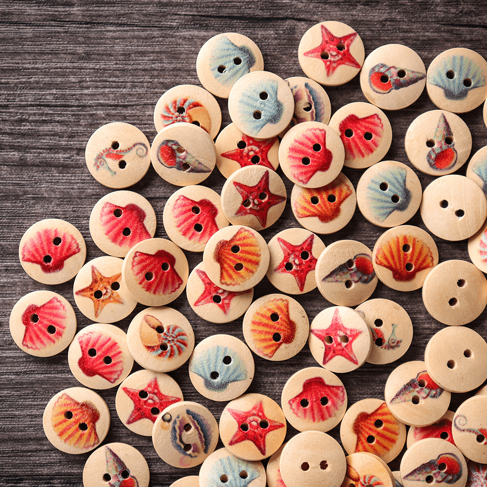 100 PCS Ocean round Pattern Wooden Button Mixed 2 Hole Natural Sewing Handmade Clothes Buttons