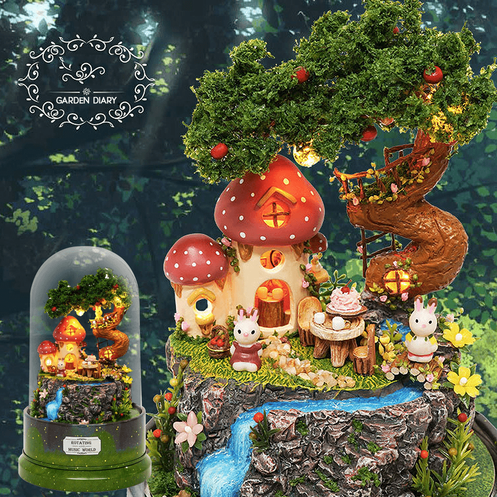 Beautiful Cabins DIY Doll House Miniature Rotating Music Kit with Transparent Cover Musical Core Gift(Meet at the Corner/Snowy Wonderland/Garden Diary/Dream of Sky/Forest Whim)