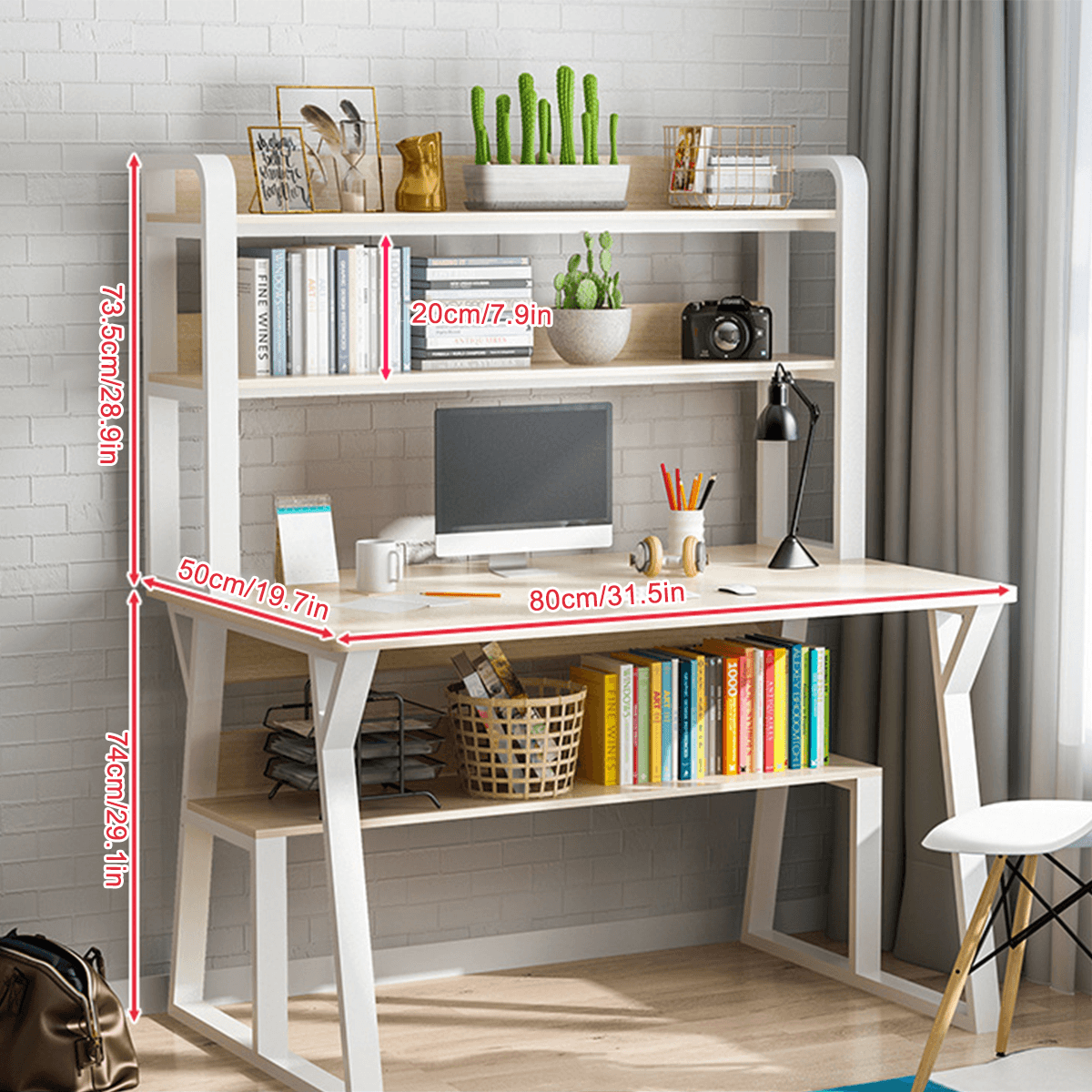 1/2 Tiers Computer Desk Bookshelf Modern Writing Study Desk with Storage Shelf Space Saving Desktop Organizer Workstation for Home Office