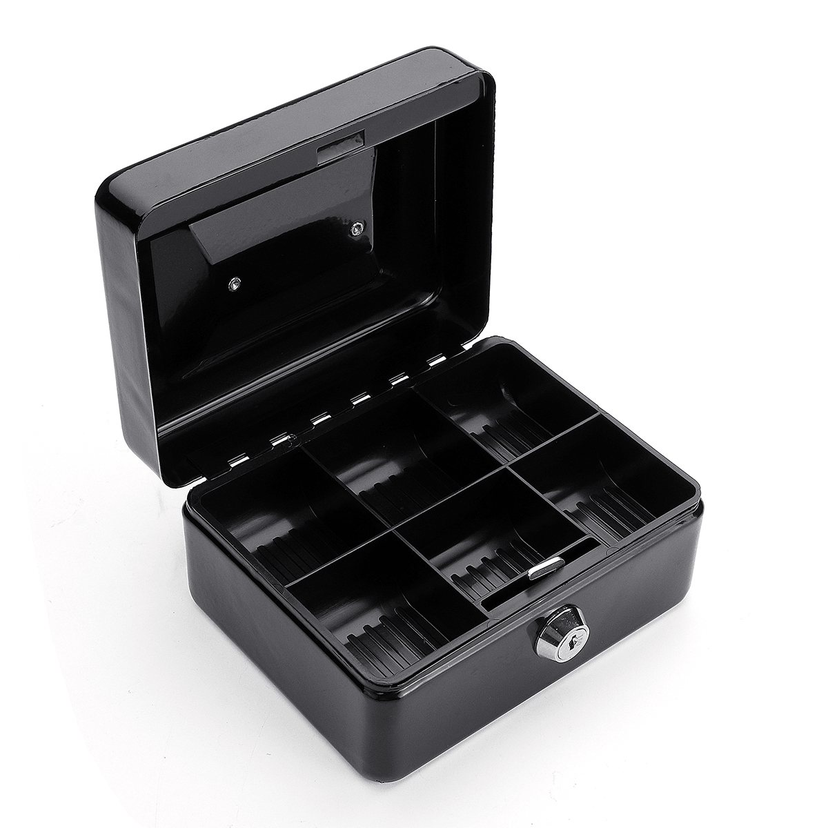 Mini caja de almacenamiento portátil de dinero seguro Metal resistente negro con bandeja para monedas Caja de transporte de efectivo