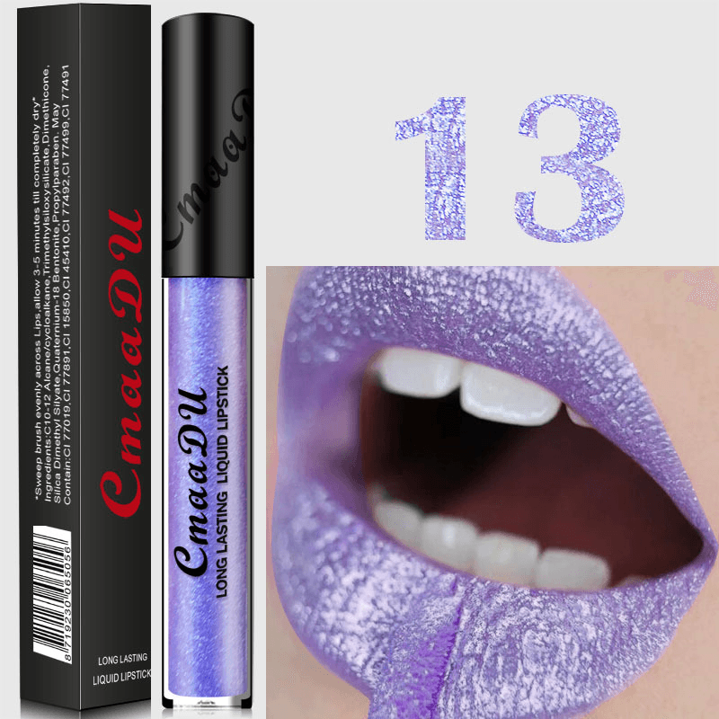 Cmaadu Metal Mate Brillo de labios Maquillaje Lápiz labial Lentejuelas sexy Impermeable Cosmético azul de larga duración